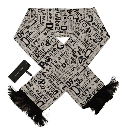 White Silk DG Logo Doodle Pattern Shawl Fringe Scarf