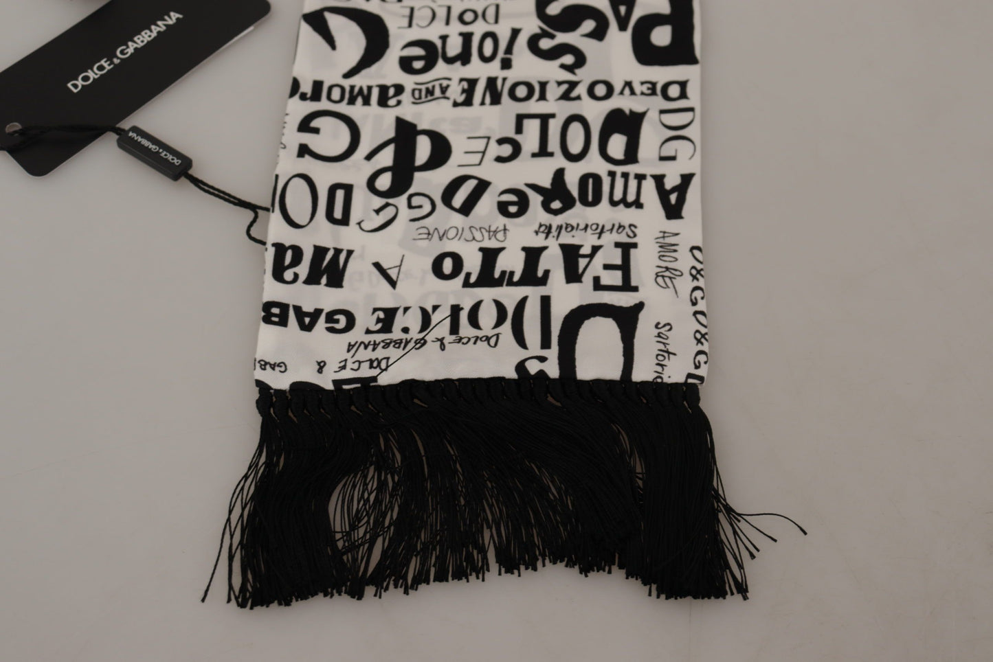 White Silk DG Logo Doodle Pattern Shawl Fringe Scarf
