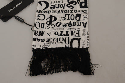 White Silk DG Logo Doodle Pattern Shawl Fringe Scarf