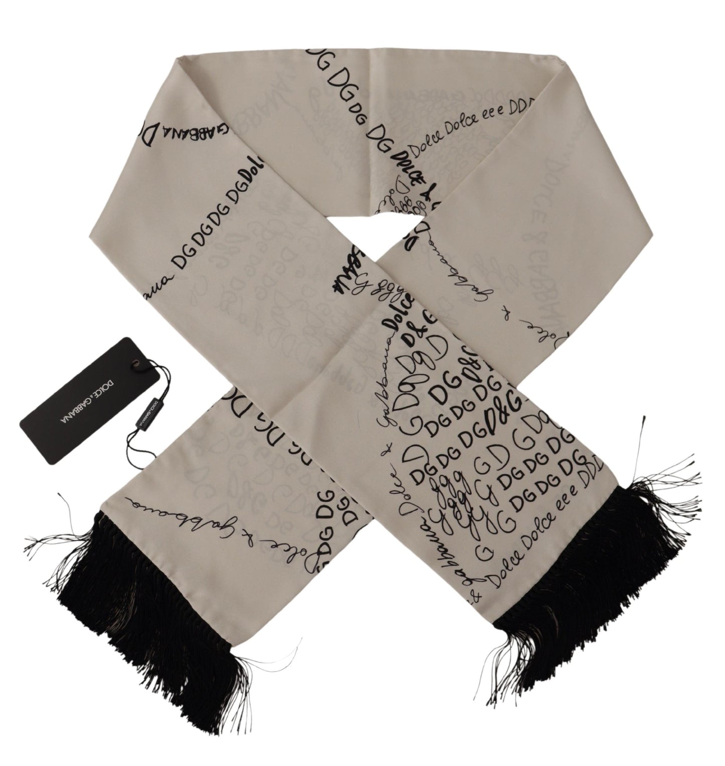 White Doodle DG Logo Shawl Neck Wrap Fringe Scarf