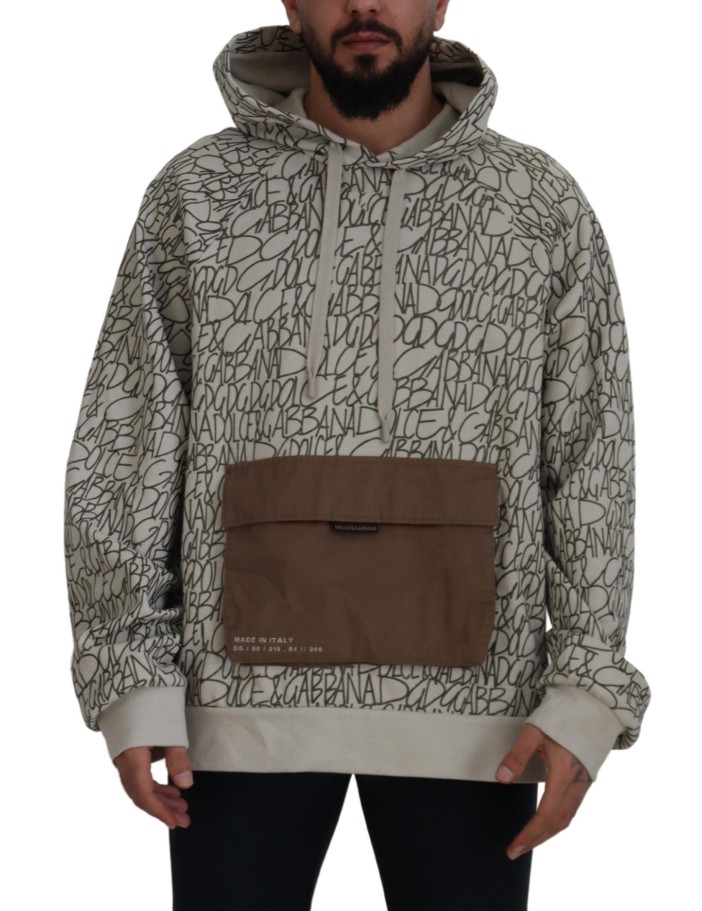 Beige Cotton Hooded Pullover Pocket Sweater