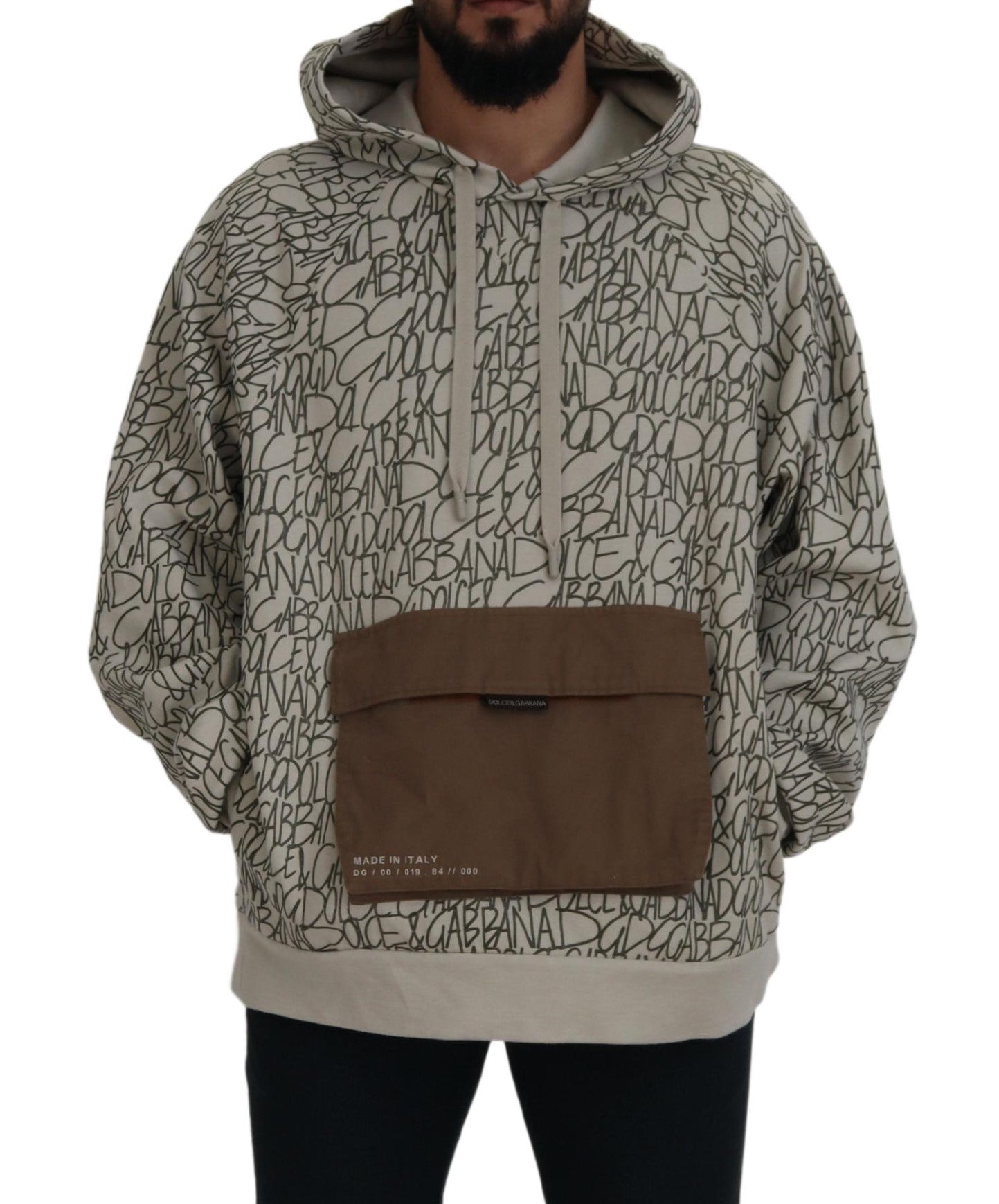 Beige Cotton Hooded Pullover Pocket Sweater