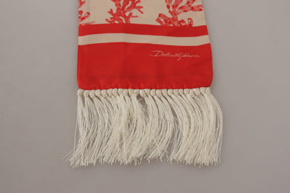 White Red Coral Print Shawl Wrap Fringe Scarf
