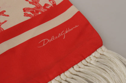 White Red Coral Print Shawl Wrap Fringe Scarf