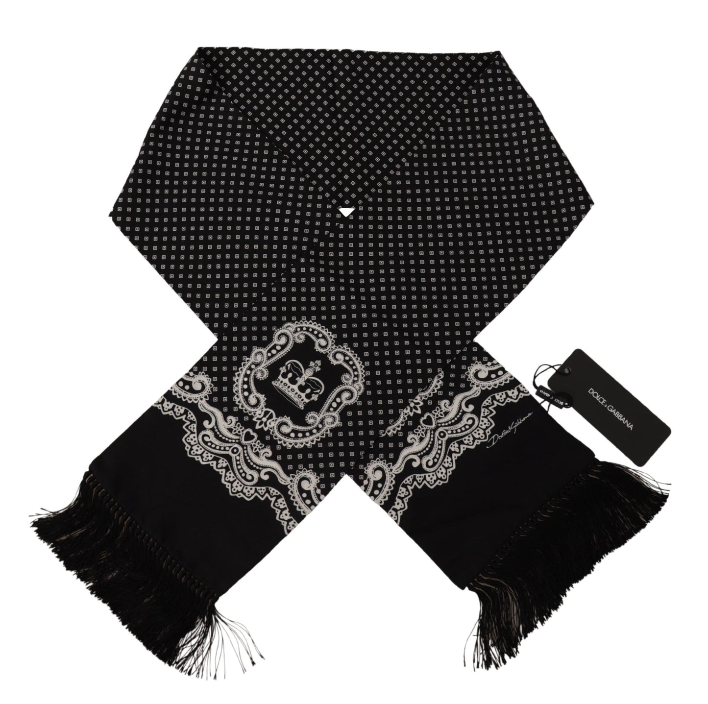 Black Crown Logo Print Shawl Silk Wrap Fringe Scarf