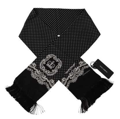 Black Crown Logo Print Shawl Silk Wrap Fringe Scarf