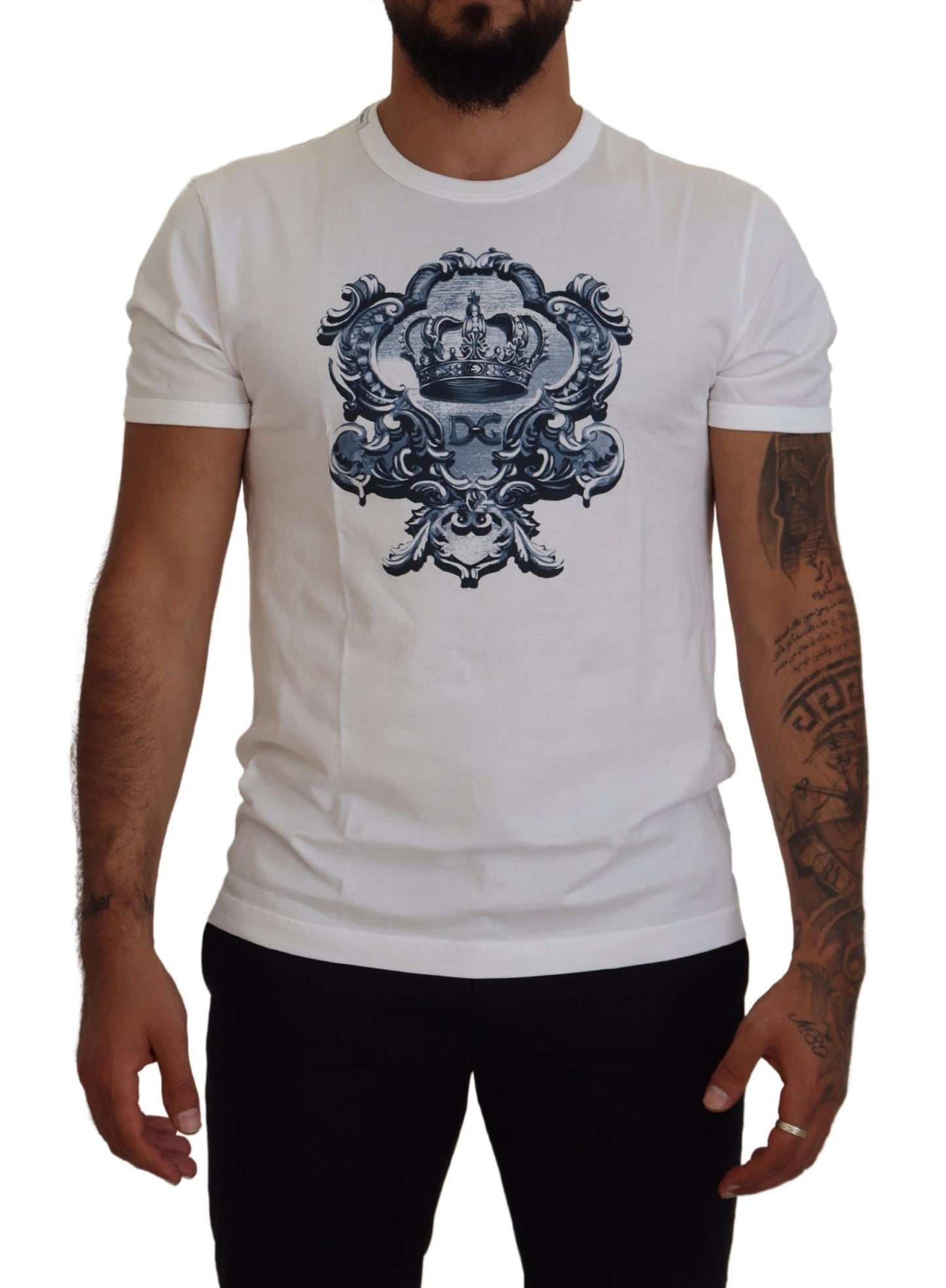 White Blue DG Crown Print Cotton T-shirt