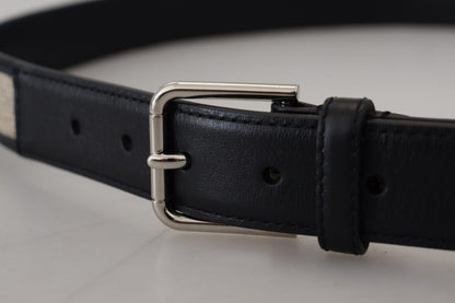 Black Beige Weaved Silver Metal Buckle Belt