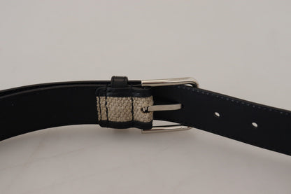 Black Beige Weaved Silver Metal Buckle Belt