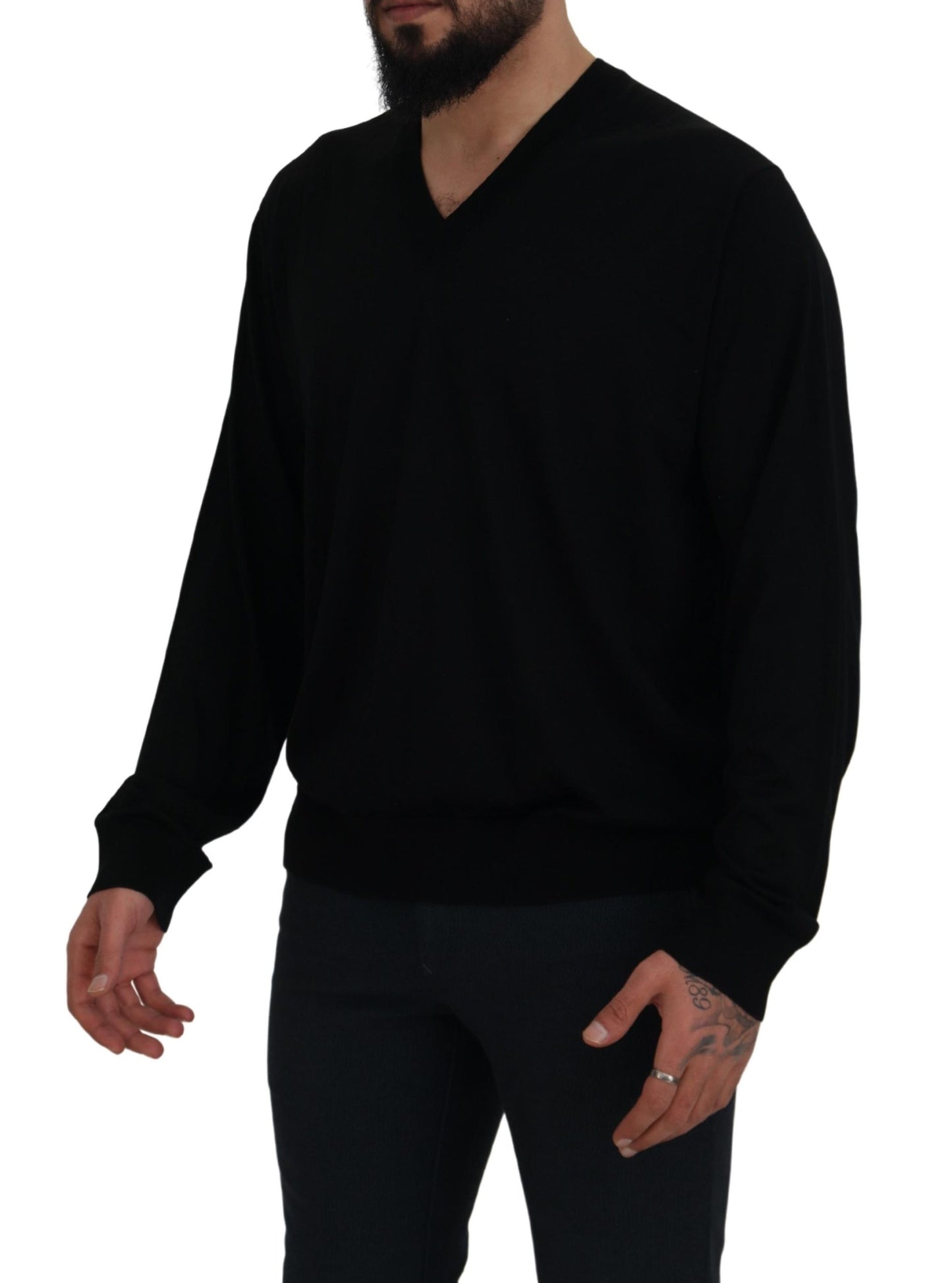 Black 100% Silk V-neck Pullover Sweater
