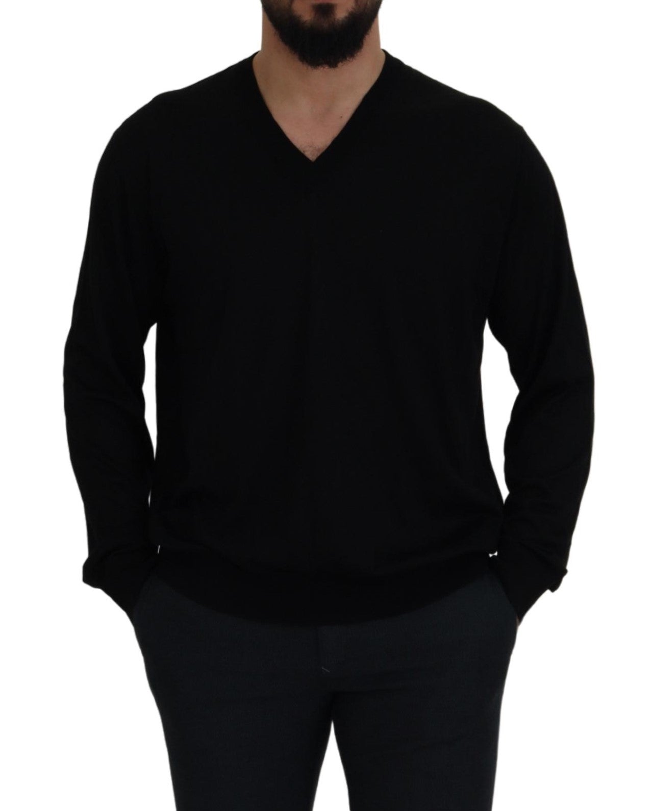 Black 100% Silk V-neck Pullover Sweater