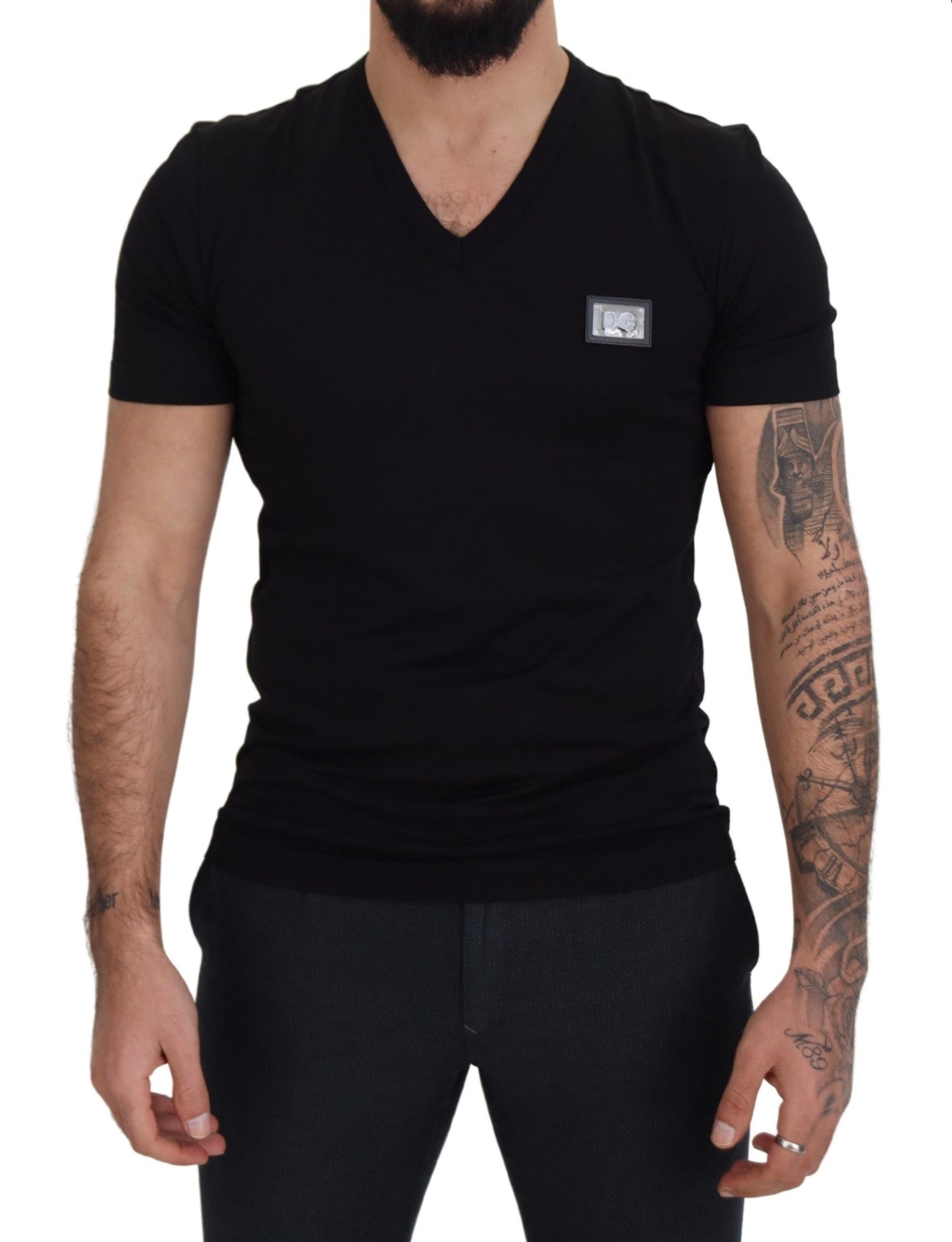 Black Cotton V-Neck Short Sleeve T-shirt
