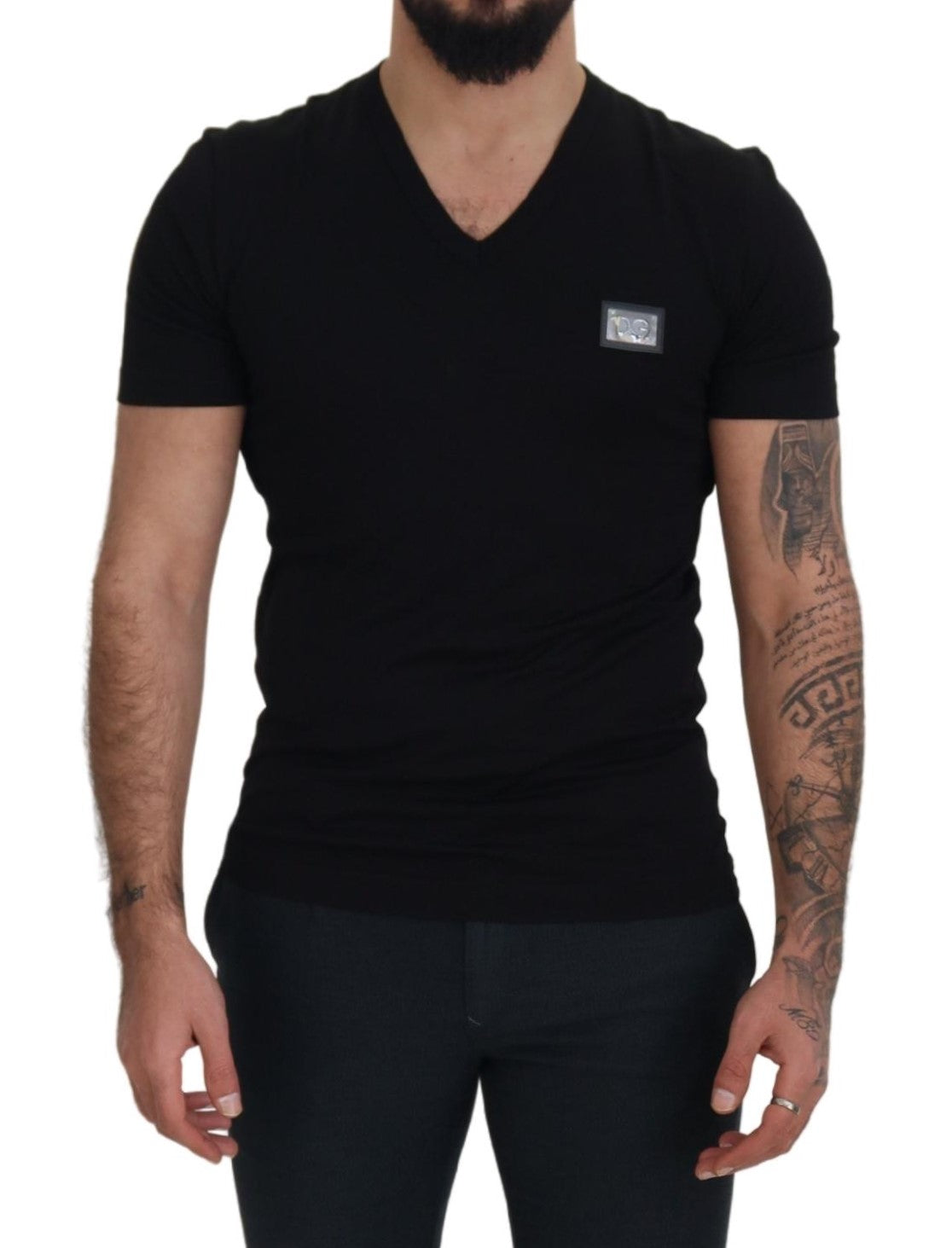 Black Cotton V-Neck Short Sleeve T-shirt