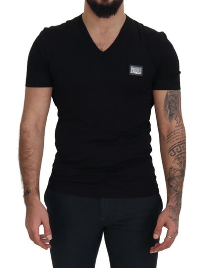 Black Cotton V-Neck Short Sleeve T-shirt