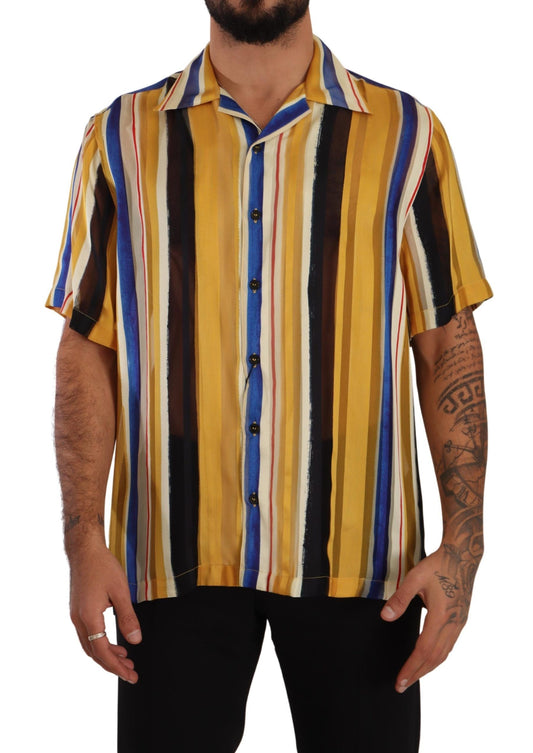 Yellow Striped Short Sleeve Silk Shirt