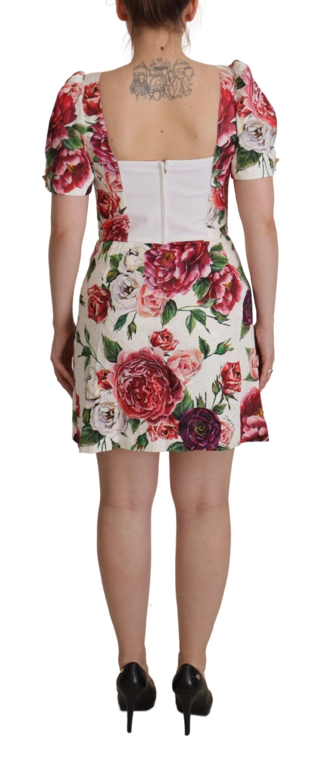 White Peony Print A-line Mini Cotton Dress