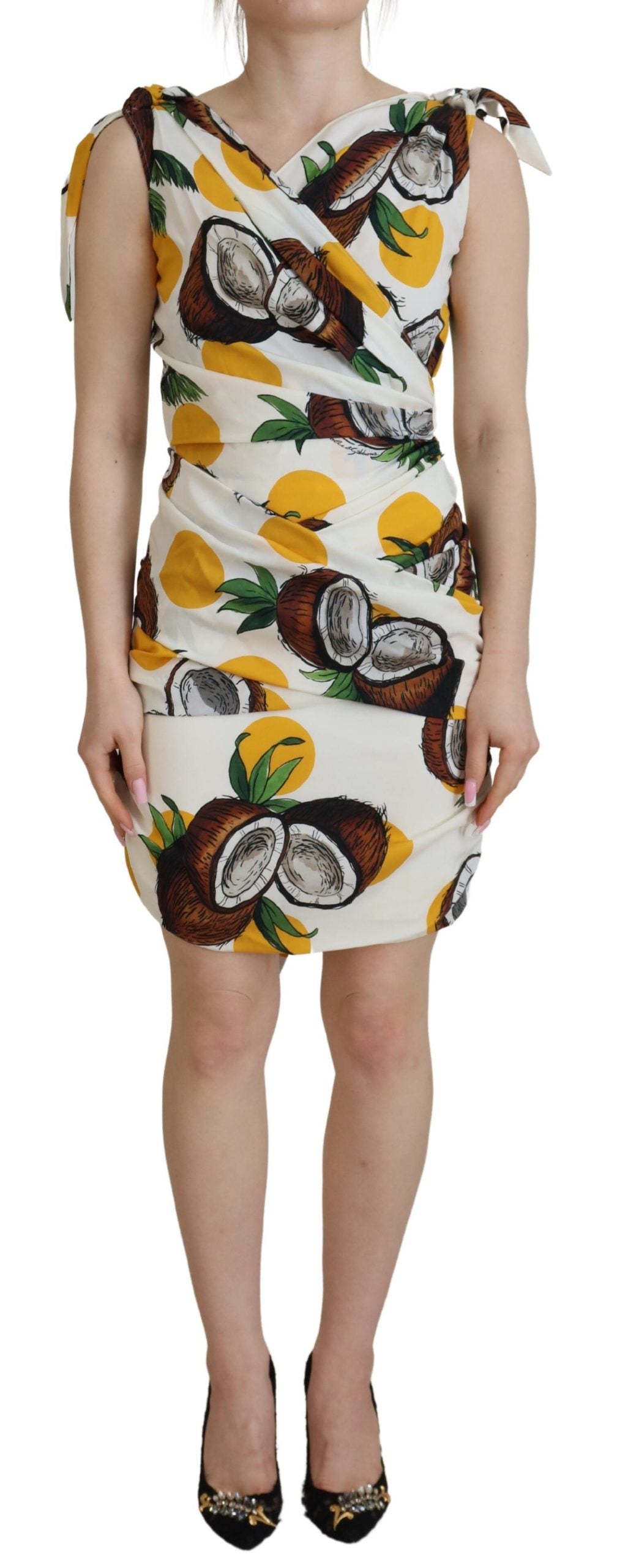 White Coconut Print Sheath Mini Silk Dress