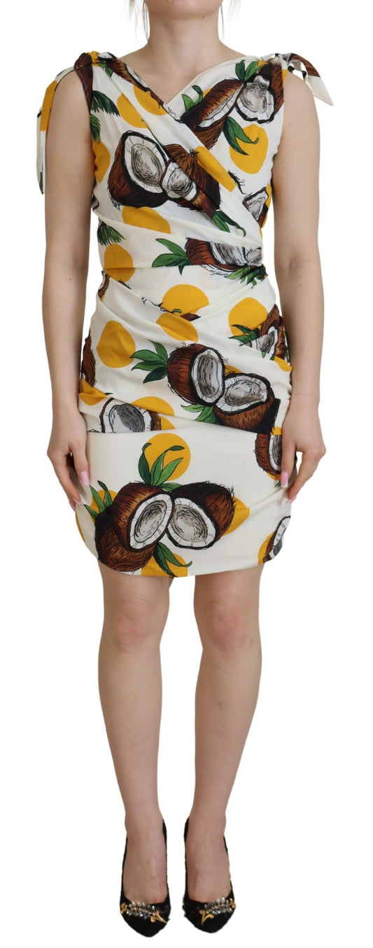 White Coconut Print Sheath Mini Silk Dress