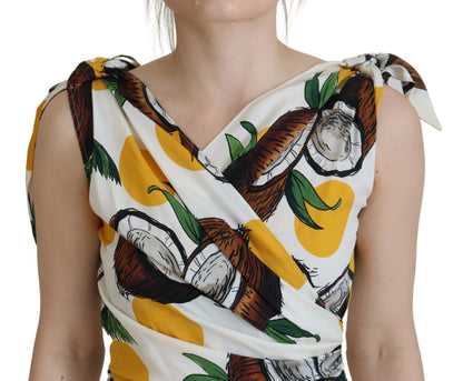 White Coconut Print Sheath Mini Silk Dress