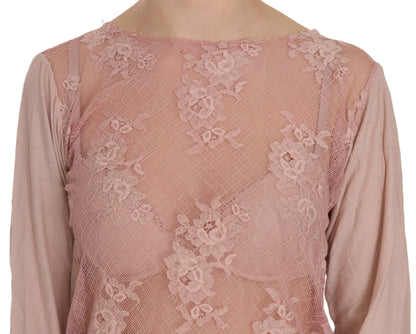 Pink Lace See Through Long Sleeve Blouse