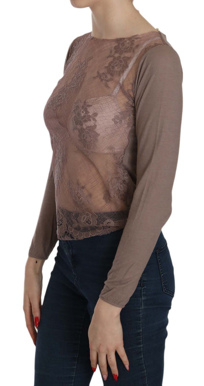 Brown Lace See Through Long Sleeve Top