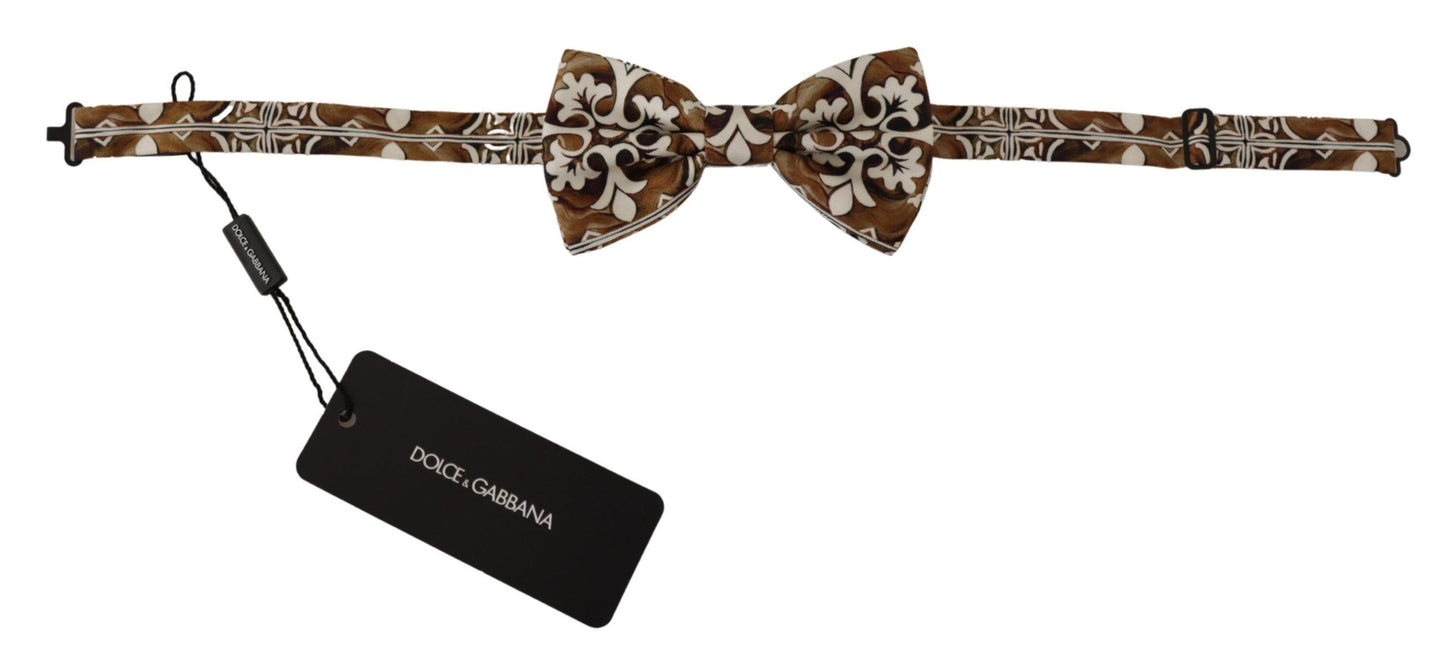 White Brown Silk Adjustable Neck Papillon Bow Tie