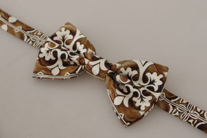 White Brown Silk Adjustable Neck Papillon Bow Tie