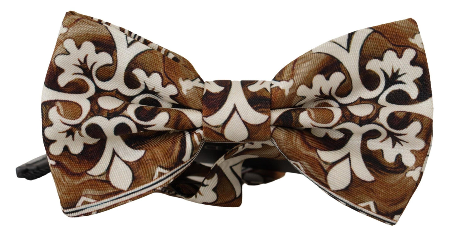 White Brown Silk Adjustable Neck Papillon Bow Tie