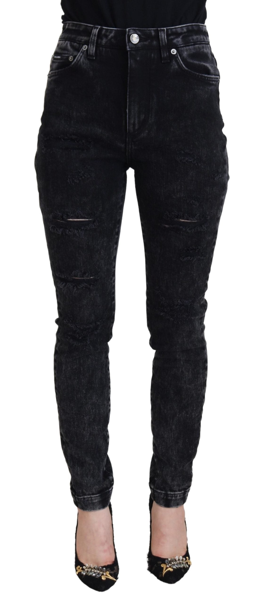 Black Cotton High Waist Tattered Denim Jeans