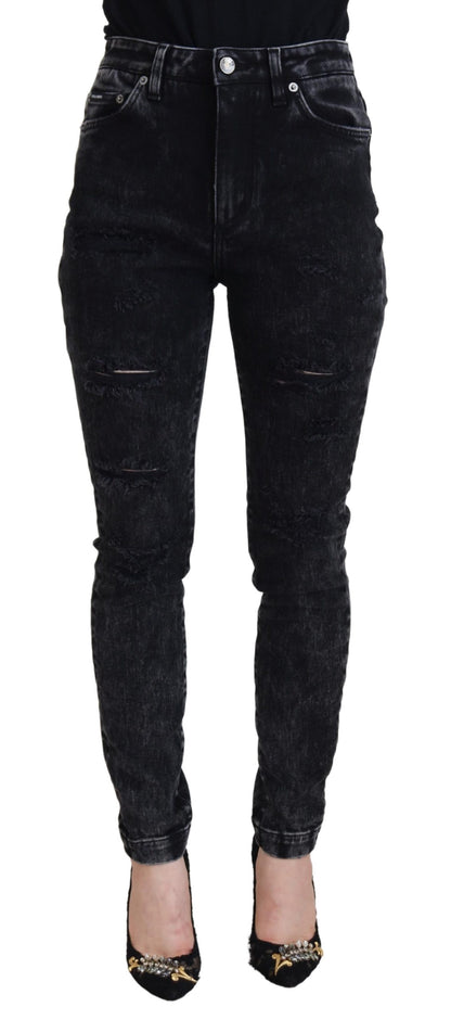 Black Cotton High Waist Tattered Denim Jeans