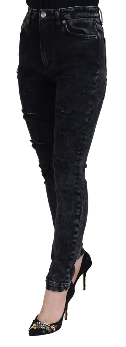 Black Cotton High Waist Tattered Denim Jeans