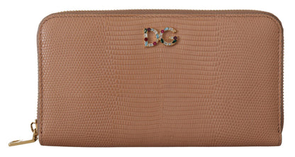 Beige Leather Crystal Zip Around Continental Logo Wallet