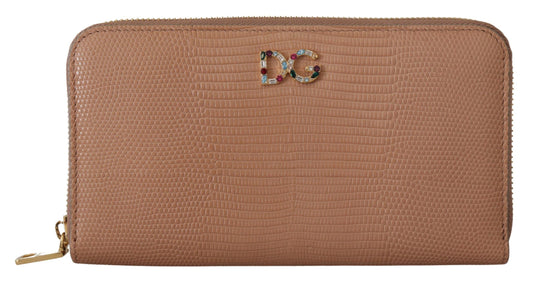 Beige Leather Crystal Zip Around Continental Logo Wallet