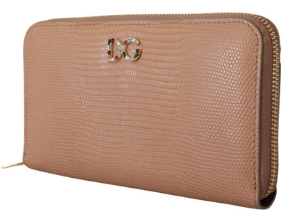 Beige Leather Crystal Zip Around Continental Logo Wallet