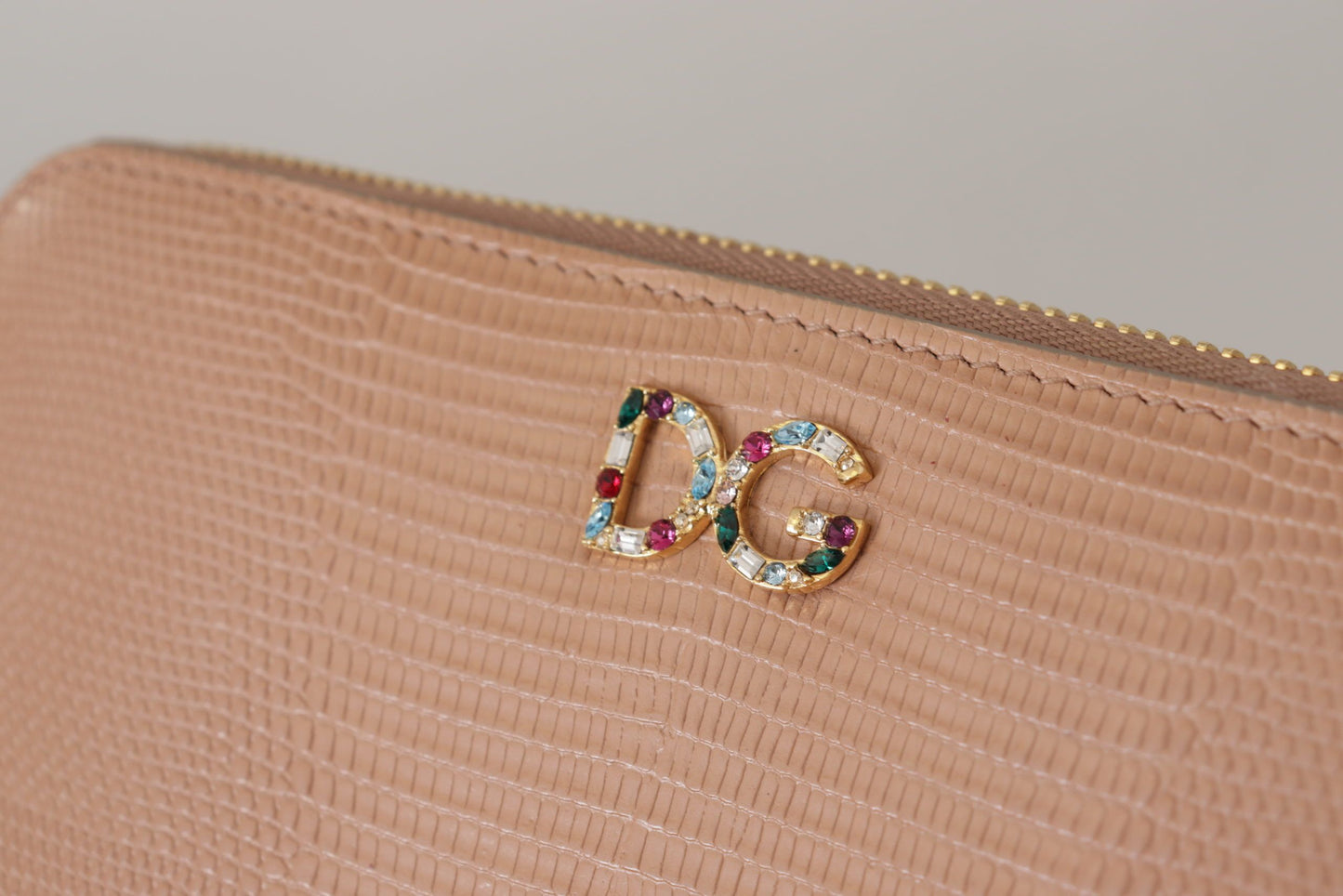 Beige Leather Crystal Zip Around Continental Logo Wallet