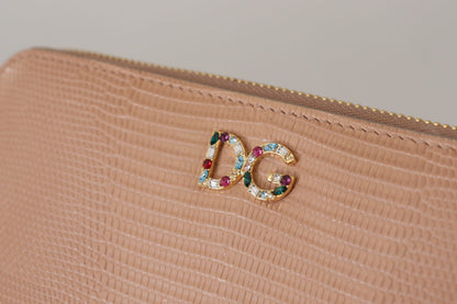 Beige Leather Crystal Zip Around Continental Logo Wallet