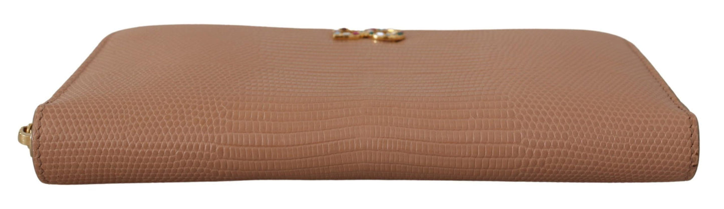 Beige Leather Crystal Zip Around Continental Logo Wallet
