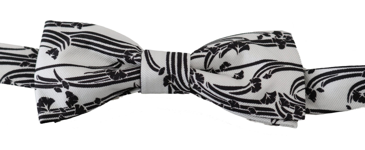 Men White Pattern Silk Adjustable Neck Papillon Bow Tie