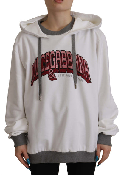White Printed Hoodie Pullover Cotton Sweater