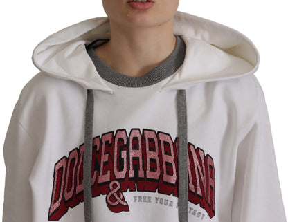 White Printed Hoodie Pullover Cotton Sweater