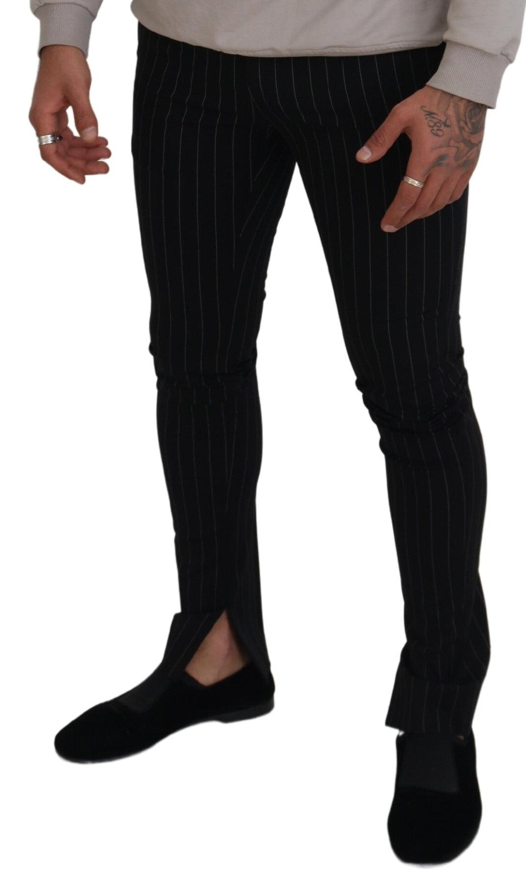 Black Cotton Striped Formal Pants