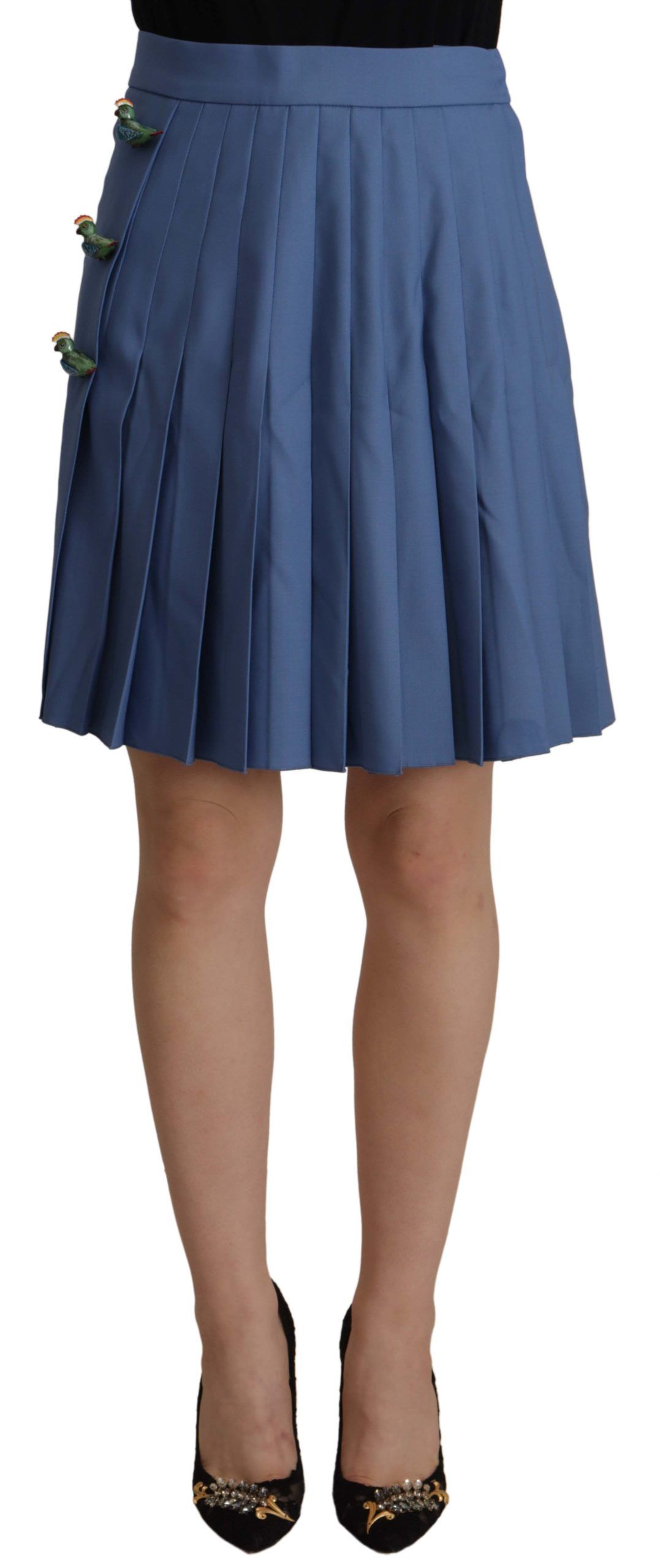 Blue Embellished Pleated Mini Skirt Wool