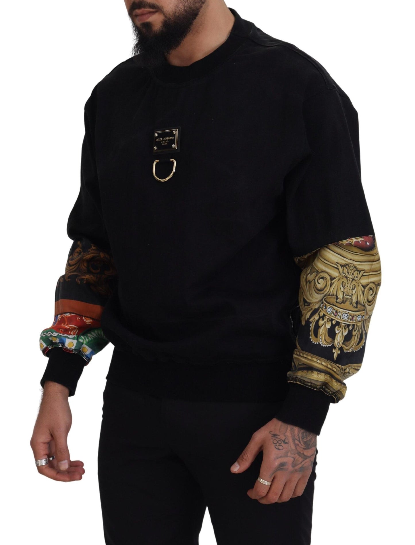 Black Cotton Crewneck Pullover Logo Sweater