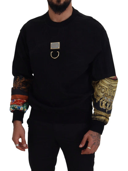 Black Cotton Crewneck Pullover Logo Sweater