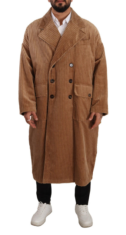 Beige Cotton Corduroy Long Overcoat Jacket