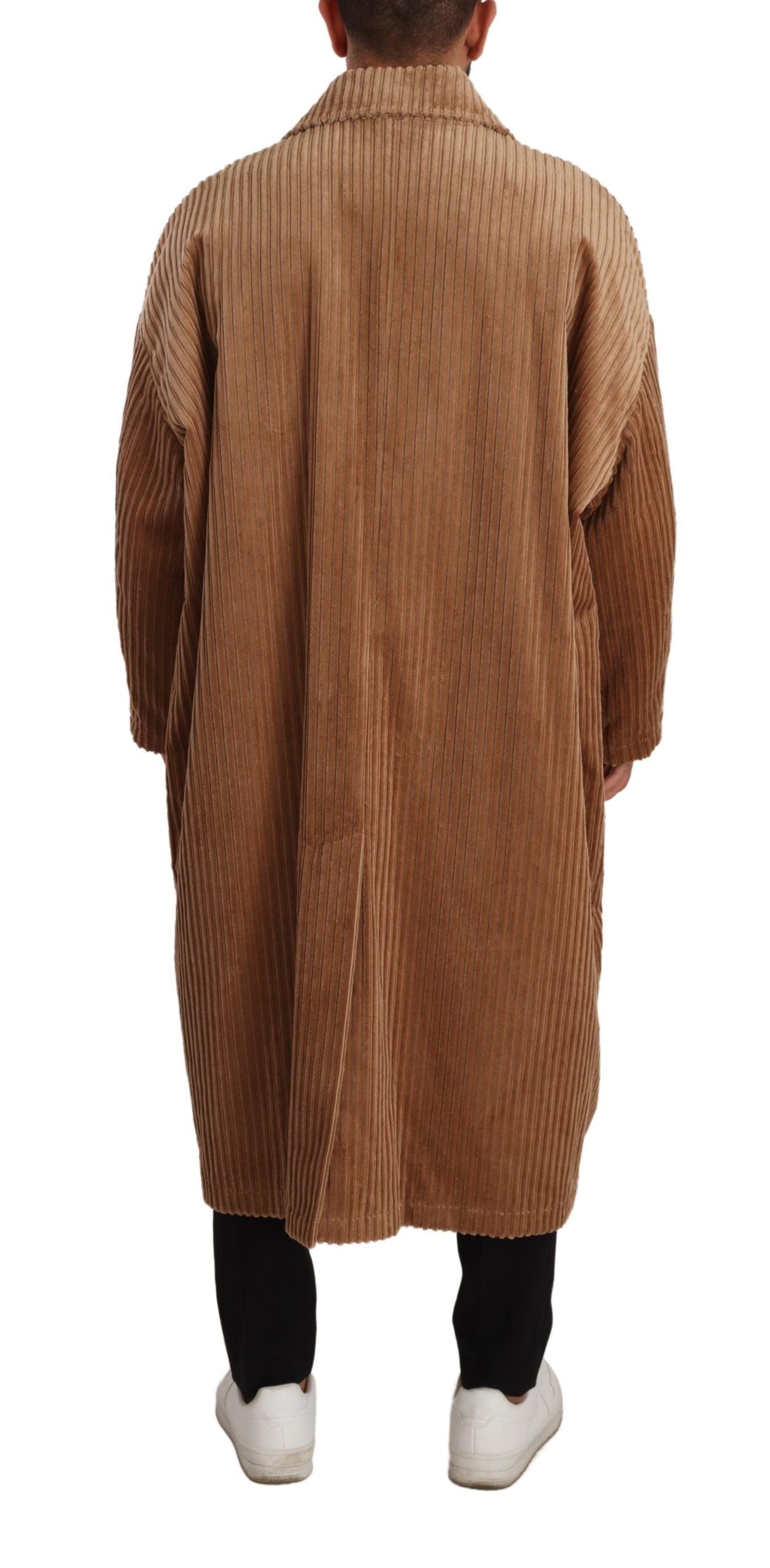 Beige Cotton Corduroy Long Overcoat Jacket