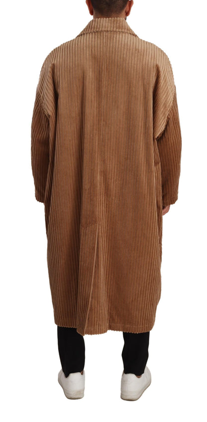 Beige Cotton Corduroy Long Overcoat Jacket