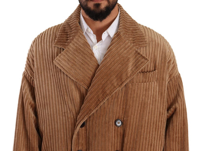 Beige Cotton Corduroy Long Overcoat Jacket