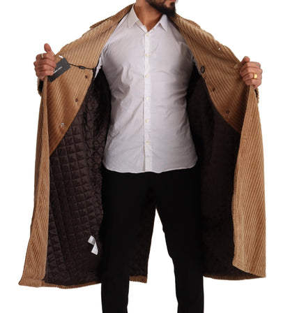 Beige Cotton Corduroy Long Overcoat Jacket