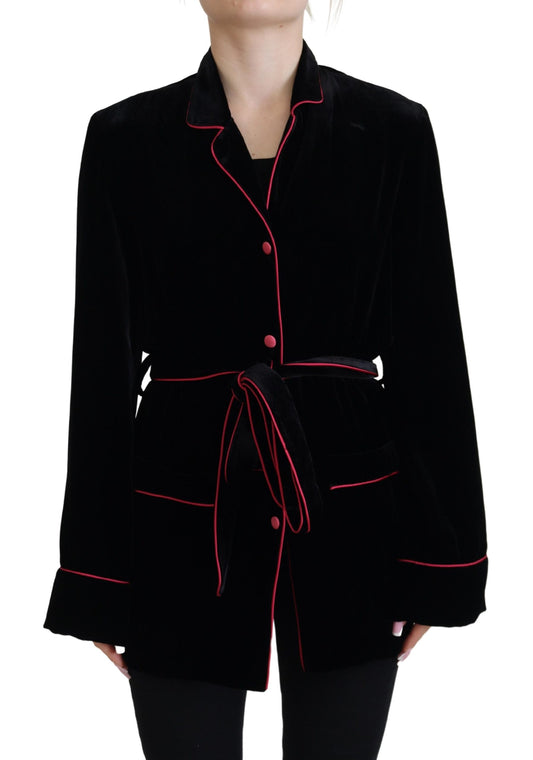Black Button Belted Blazer Viscose Jacket